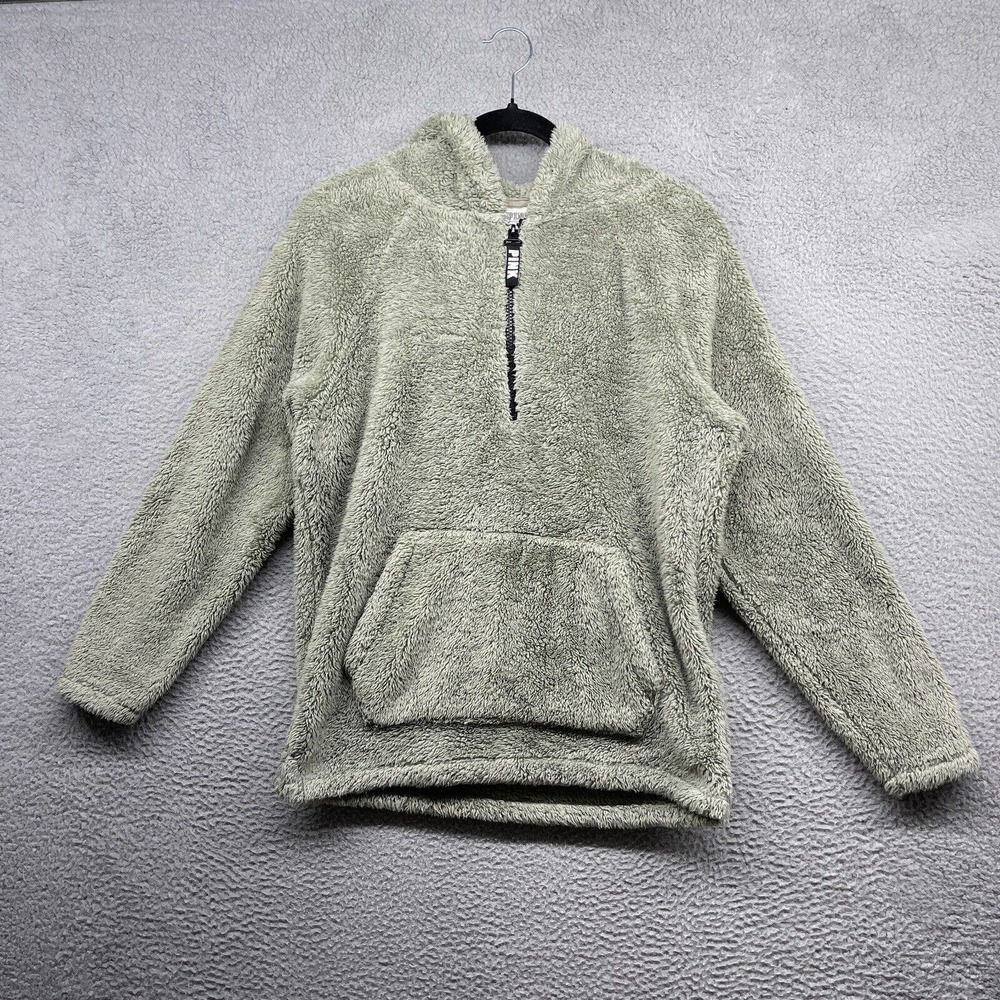 PINK Womens Hooded Sweater Green Faux Fur Long Sleeve 1/2 Zip Pockets Size XS